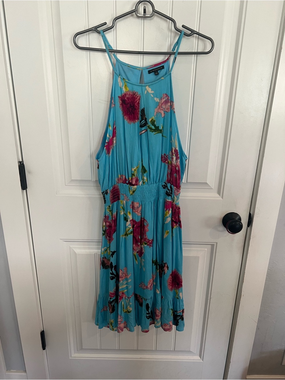 Staccato blue floral BoHo sundress size L smocked waist rayon dress